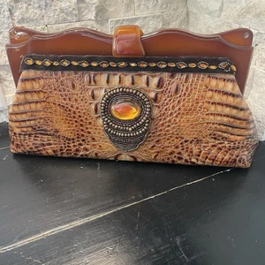 Crocodile Clutch Acrylic Latch Embroidered Lining Chain Strap Embellished Cognac - Picture 1 of 15