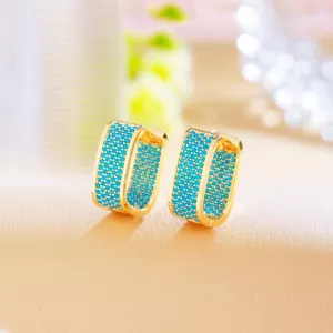 Luxus Creolen Gelbgold vergoldet Micro Pave Türkis Blau Geometrisch - Bild 1 von 9