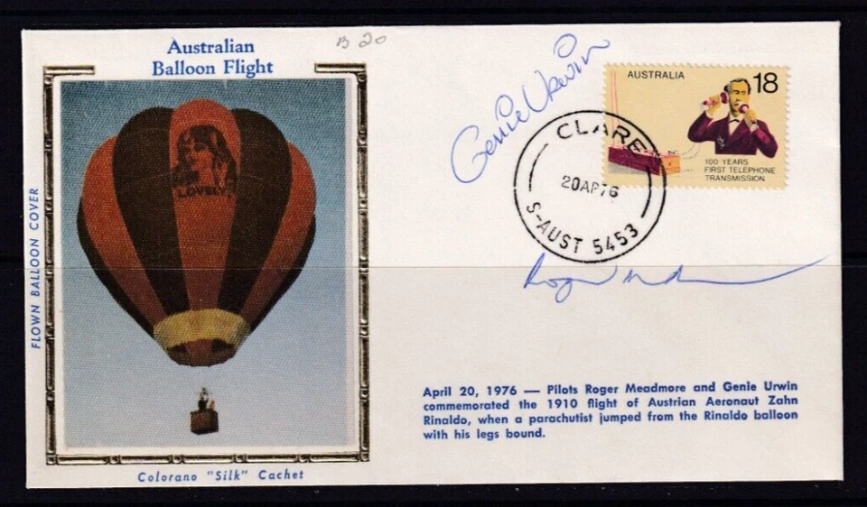 AUSTRALIA 1976 BALLOON FLIGHT WITH SILK CACHET SIGNED BY PILOTS #C186 - image 1 of 1