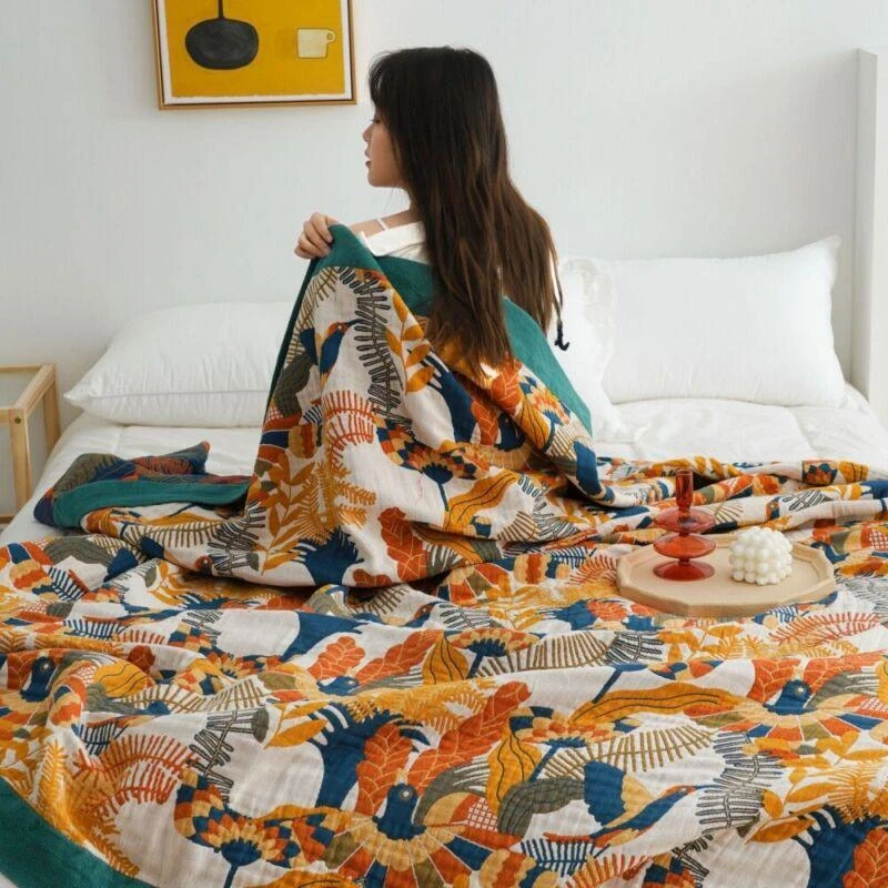 Gauze Cotton Blanket For Summer Air Conditioning Bed Cover Active Printing 5 Ply - Image 1 of 4
