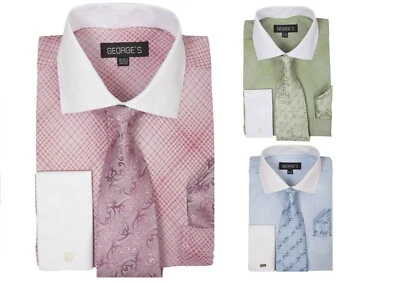 Nueva Camisa de Vestir Para Hombre Mini Diseño a Cuadros/A Cuadros Puño Francés con Corbata y Pañuelo AH624  Foto 1 de 4