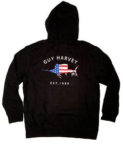 New Guy Harvey size Large Red White & Blue Sailfish Black Hoodie Fleece Lined - Picture 1 of 10