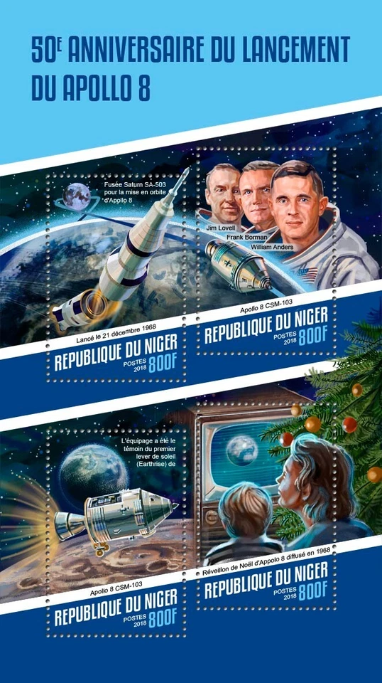 Space Apollo 8 Launch Christmas Eve Broadcast MNH Stamps 2018 Niger M/S - Image 1 of 1
