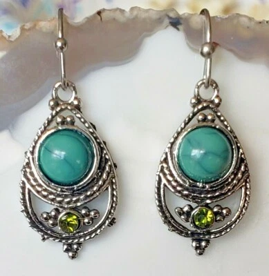 Antiqued White Gold Plated Teardrop Jade & Peridot Earrings - Image 1 of 4