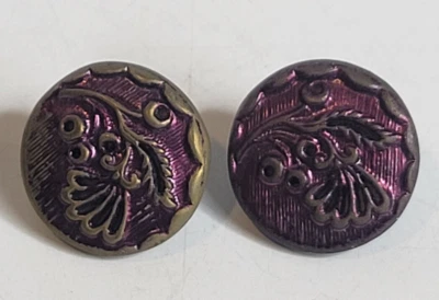 Antique Button Brass Flower Floral Design with Purple Enamel Set of Two - Image 1 of 4