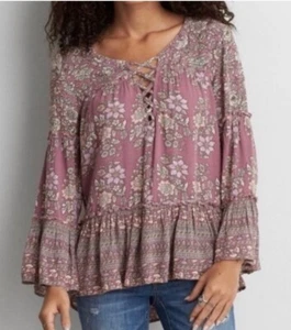 American Eagle Outfitters Lilac Floral print Baby Doll Style Blouse Boho XS - Picture 1 of 8