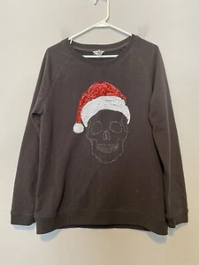 Bethany Mota Women’s Medium Glitter Skull w/Sequins Santa Hat Gray Crewneck - Picture 1 of 7