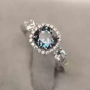 3Ct Round Cut Lab Created Alexandrite Halo Engagement Ring 14K White Gold Plated - Picture 1 of 6