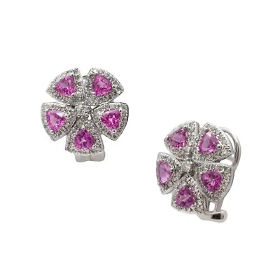 18K 白金钻石粉色蓝宝石耳环 1.50 克拉 TDW — 第 1/2 张图片
