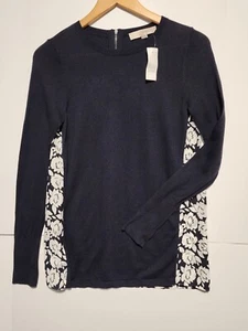 Ann Taylor Loft Women's Navy Blue Mixed Media Floral Back Sweater XXS NWT - Picture 1 of 7