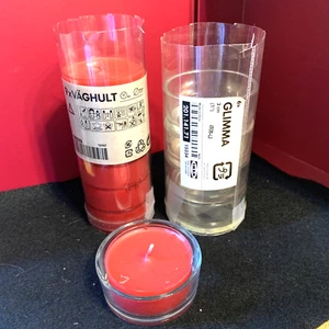 Portavelas de luz de té de vidrio IKEA Glimma de 1" - 3 cm - Juego de 5 con 7 velas rojas - Imagen 1 de 2