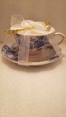 Bella Lux Holiday Collection Porcelain Blue/Gold Floral Tea Cup/Saucer Gold Spoo - Image 1 of 4