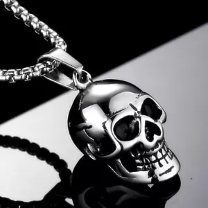 Punk Silver Skull Pendant Necklace For Men Gothic Retro Rock Jewelry Chain 24" - Picture 1 of 3