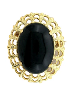 25x18 Natural Black Onyx Gemstone Cab Cabochon Gold Plated Filigree Pin Brooch - Picture 1 of 2