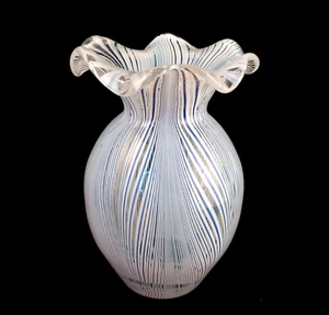 Jarrón de vidrio artificial Murano - decoración de hilo blanco-azul - Mezza Filigrana Carlo Scarpa? - Imagen 1 de 8
