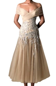New NWT Tarik Ediz Sequin Embroidered Tulle Midi Gown Dress IT 44 / TR 40 / US 8 - Picture 1 of 13