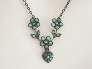 Collar de cadena antiguo 925 plata turquesa semillas perlas flores 6,2 g/46 cm - Imagen 1 de 7