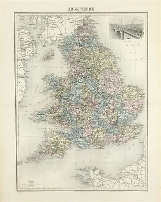 Mapa de Inglaterra y Gales 1884 para J Migeon Atlas viñeta de color Londres  Foto 1 de 4