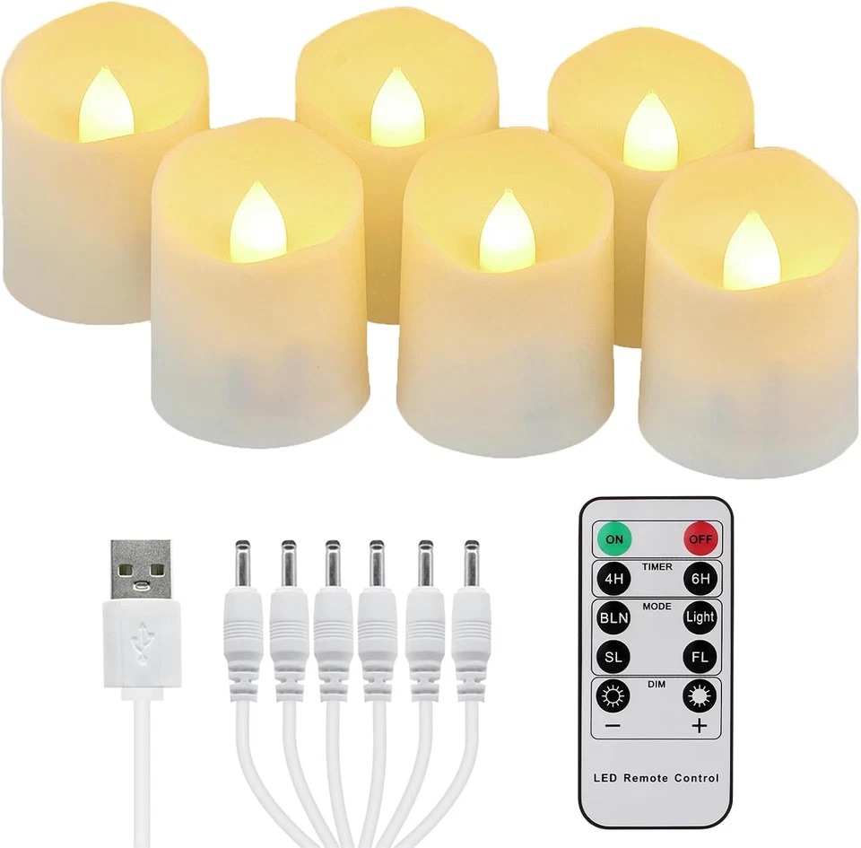 6er Aufladbare LED Teelichter mit Timer Fernbedienung Flackern Warmweiß Dimmbar  - Bild 1 von 4