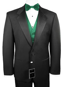 Sizes 34-64 Reg. 6-Piece Tuxedo Package w/Flat Front Pants, Green Vest & Bow-Tie