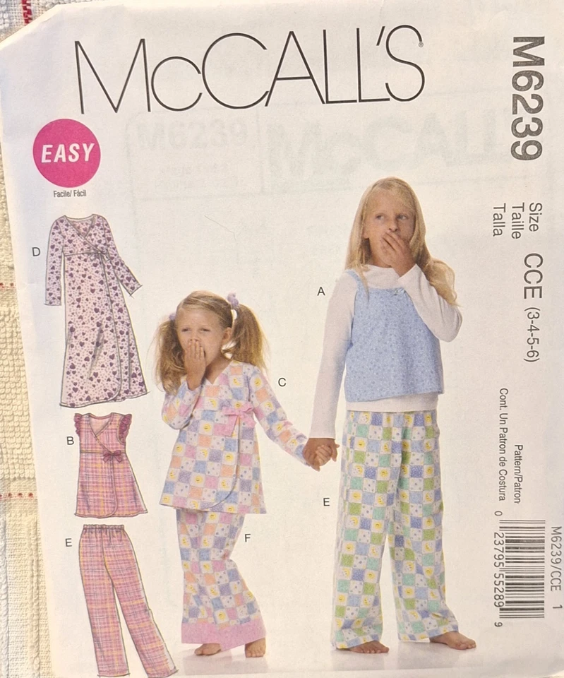 Mccall's M6239 Girl's Tops Gown Pants Pajamas Sewing Pattern Sizes 3 4 5 6 UC