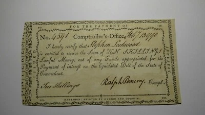 1790 10s Connecticut Comptroller's Office Colonial Currency Note Ralph Pomeroy! - Image 1 of 2