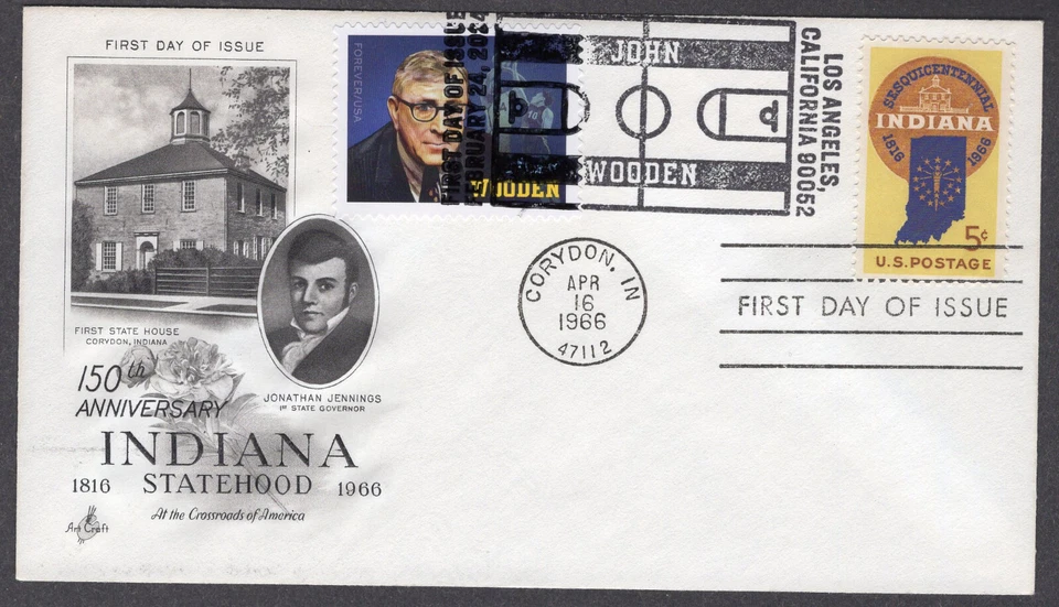 2024/1966 JOHN WOODEN (5833) Indiana Basketball (1308) - Artcraft DUAL FDC NT135 - Image 1 of 1