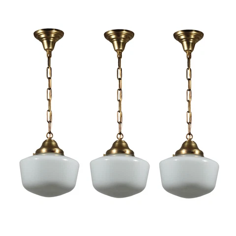 Matching Antique Brass Schoolhouse Pendant Lights, c. 1920s, 3 Available, NC4499 Cover