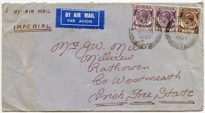 CORREO AÉREO IMPERIAL DE MALAYA a IRLANDA 1937 PAR 10c + 5c PENANG a RATHOWEN Foto 1 de 2