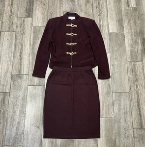 St. John Collection Rock Jacke Set Damen 12/10 Braun Gold Knopf Luxus 2-teilig - Bild 1 von 10