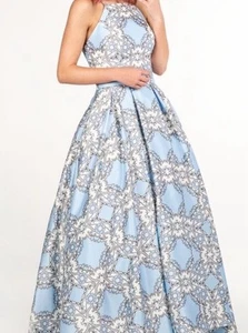 Camille La Vie Formal Blue Pattern Corset Back prom dress Size 2 Pockets Train - Picture 1 of 8
