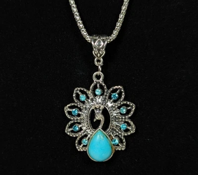 Collar Colgante Pavo Real Tono Plata Imitación Turquesa con Estrás Azul 13.5"L Foto 1 de 4