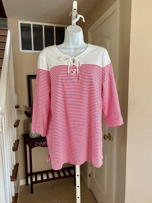 NWT Cute Chicos Lace Up Tunic Top 3/4 Length Sleeve Pink White Stripe L 2 - Image 1 of 4