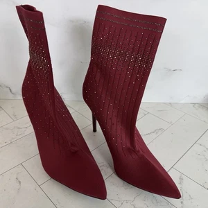 Jessica Simpson Lytona Size 11M Burgundy Ribbed Rhinestones Sock Boots Knit - Picture 1 of 7