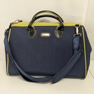 Baggallini Soho-Style Duffel Weekender Tote Bag Navy Blue Green Trim - Image 1 of 4