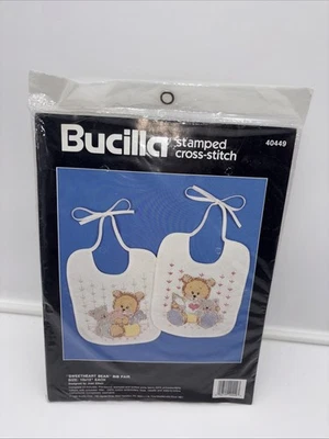 Vintage Bucilla #40449 SWEETHEART BEAR Stamped Cross Stitch Bibs Pair Kit SEALED - Image 1 of 4