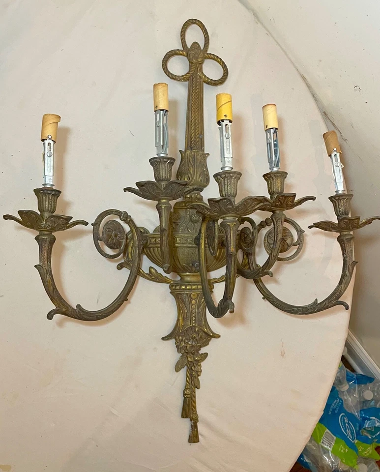 LARGE antique ornate Spanish style gilded bronze brass wall sconce fixture light - Image 1 of 4