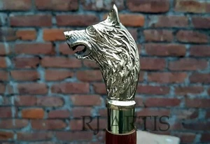 Handmade Wolf Head Cane Handle Antique Walking Stick Brass Head ONLY HANDLE Gift - Picture 1 of 8