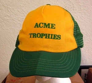 ACME TROPHIES beat-up trucker cap Palm Coast lrg hat 1970s Florida cracked bill - Picture 1 of 3