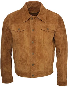 Men's Trucker Casual Tan Goat Suede Leather Shirt Jeans Jacket - Picture 1 of 6