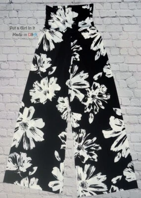 USA Womens JUP HIGH WAISTED BLACK WHITE FLORAL BOHO SILKY PALAZZO PANTS S M L - Image 1 of 3