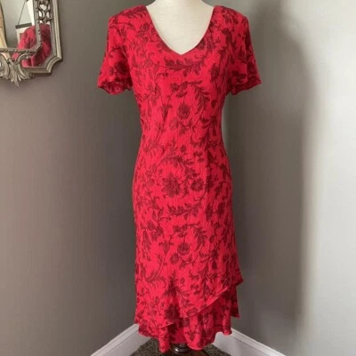 Sheri Martin 纽约复古 90 年代红色短袖连衣裙 14 肩垫 — 第 1/4 张图片