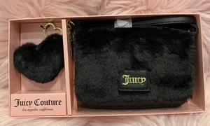 Juicy Couture Black Fur CrossbodyBag & Heart Pom Pom KeychainCharm GiftSet NWT - Picture 1 of 9