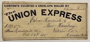 HEAVILY SEALED 1875 OHIO UNION EXPRESS COVER SENT TO NEW HAMBURG WATERLOO CANADA - Picture 1 of 2