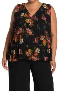 CATHERINE MALANDRINO schwarz Blumen Reißverschluss V-Ausschnitt Plissee ärmellos Tank Top 3X 24W - Bild 1 von 4