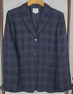 Chaqueta Blazer ARMANI COLLEZIONI Mujer Talla Pequeña 6 Hecha en Italia Negra Lana a Cuadros Foto 1 de 4