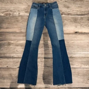 Hollister High Rise Flare Jeans W27 L32 Patchwork Y2K Retro Boho Stretch Raw Hem - Picture 1 of 14