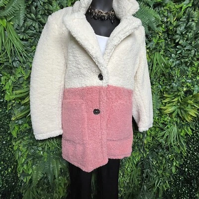 FRENCH CONNECTION Jacket Faux Fur Coat Women XL Cream  Pink Teddy Fleece  NWT - Image 1 of 4