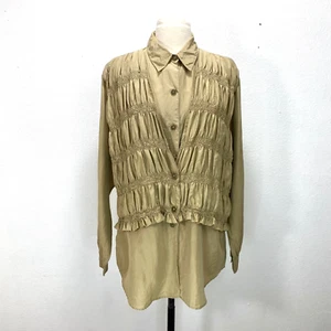 Vintage Woman Croquet Silk Blouse Smocked Attached Vest Large Tan Boho Steampunk - Picture 1 of 12
