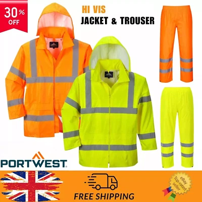 Portwest Hi Vis Rain Jacket & trousers Waterproof High Visibility Coat Work Wear - Image 1 of 4